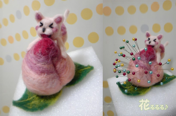 桃かじりネコ マチ針山